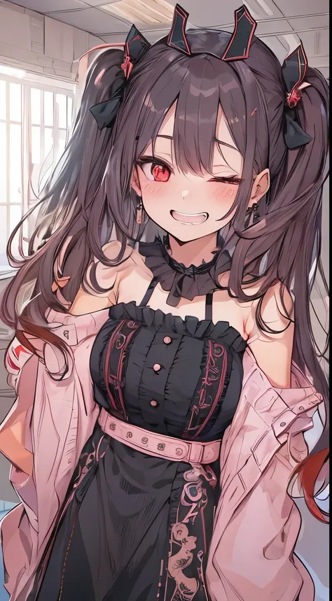 （small tits、1girl in、Put one hand on your face、Heart-shaped pupil,Red and Black theme,(blush:1.1),Choker,《trembling》,heart mark,(Smaller chest), ((Heavy breathing:1.3)),  Smile,  Evil smile, Laughing, Cute,full body Esbian、top-quality、masutepiece、1 Masterp...