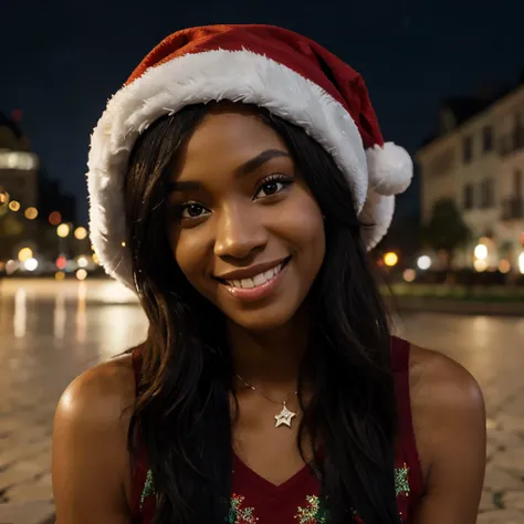 Black woman avatar with a christmas hat smiling