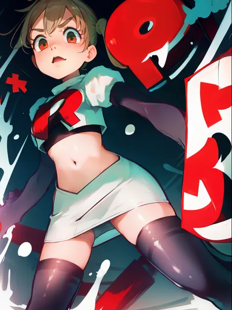 maka albarn, twintails, team rocket,team rocket uniform, red letter R, white skirt,white crop top,black thigh-highs,black elbow gloves,