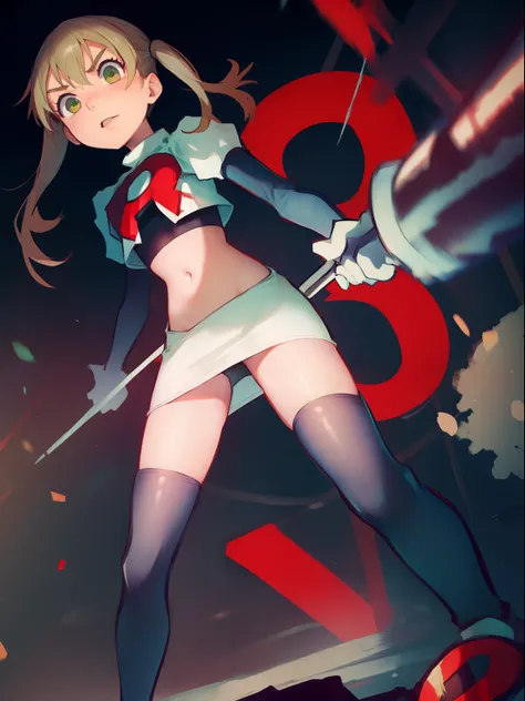 maka albarn, twintails, team rocket,team rocket uniform, red letter R, white skirt,white crop top,black thigh-highs,black elbow gloves,