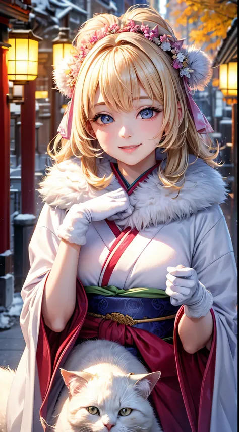 Very detailed CG Unity 8K wallpaper, Cute One Girl, Mature blonde girl, beautiful Girl, hot maiden, pale skin (Super masterpiece, Beautiful person, well detailed face polluted smile, Photorealistic, hyper realisitic), colorful winter pink kimono 、has whit...