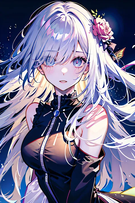 (best quality, detailed background, highres, absurdres, bloom, disheveled hair, shiny hair, exposed in lighting, bright pupils, dedicated detailed eyes),
1girl, earpiece, long hair, silver hair, large_breasts, arms behind back, daytime, outdoors, forest, w...