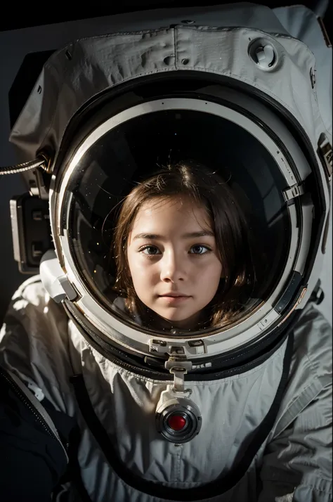 a woman and a little girl in space on the surface of the Moon, in spacesuits without helmets, full-face face