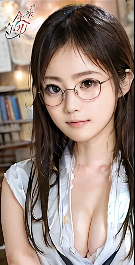 Top image quality、136), (breasted:1.46), (l boobs ipst boobs icks), Beautiful woman with round glasses、Braided pigtails、Round-faced beauty、Crisp eyes、Lashes long、(wears glasses,w boobs ideas,Atol Oppa Library), (florals), beautiful boob、