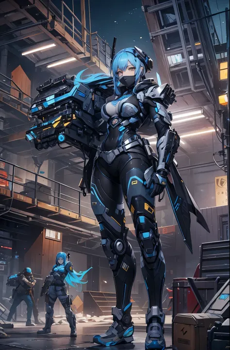 1female, blue hair, yellow eyes, wearing modern combat suit, beautiful, model, 4k, official art, highly detailed, masterpiece