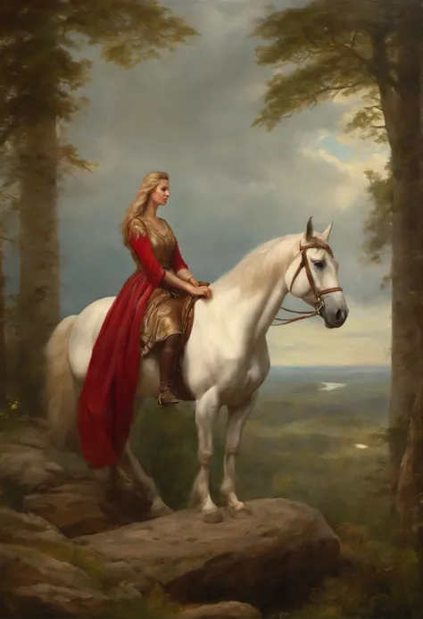 painting of a woman, standing on a rock with a horse, inspired by John Frederick Herring, Senior., inspired by John Frederick Herring, Jr., Pegasus, by Cynthia Sheppard, the horse is taller, by Alexander Kucharsky, realistic fantasy illustration, inspired ...