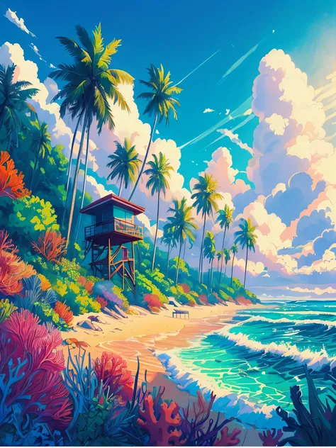 draw an anime poster style lofi scene of a beach with trail of palm trees, life guard cabin, tropical plants, coral sea life, da...