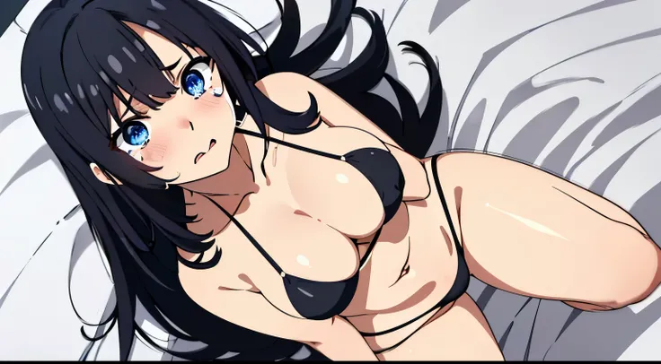 (tmasterpiece、quality、the detail、超高分辨率、Beautifully detailed lighting、Very beautiful girl、Long black hair，female high-school student、Clothed only in bikini、cleavage display、There&#39;s a big sausage in her cleavage，sweat profusely、1 girl in、eBlue eyes、Sleep...