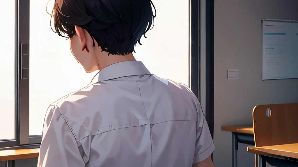 back view、​masterpiece, top-quality, 1boy,High school boy, A dark-haired、校服, white  shirt,opening the classroom door、