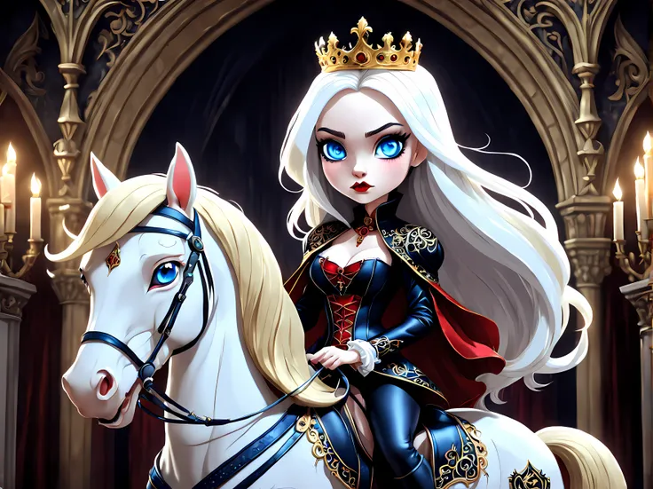 Cute Cartoon, CuteCartoonAF, (cute cartoon style:1.3) | Stunning vampire queen riding a majestic royal steed. | The queen has long white hair and vivid blue eyes. | The steeds harness is a masterpiece of gothic craftsmanship, reflecting the intricate and o...