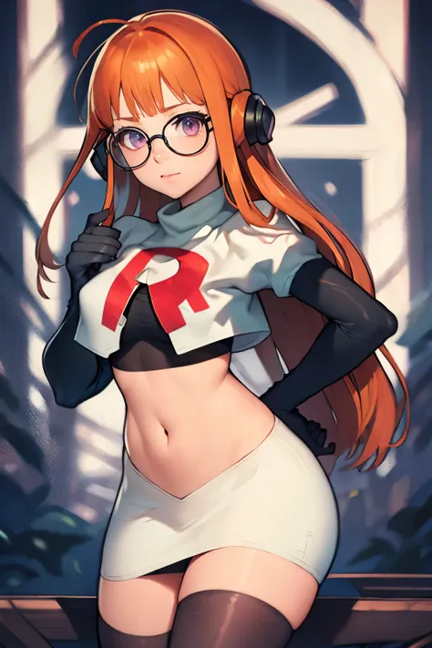 futaba sakura, orange hair, long hair, purple eyes, glasses, ahoge, team rocket, team rocket uniform, red letter R, white skirt, white crop top, black thigh-highs, black elbow gloves,