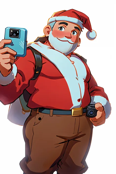 fat male santa clause holding camera and taking a photo no background