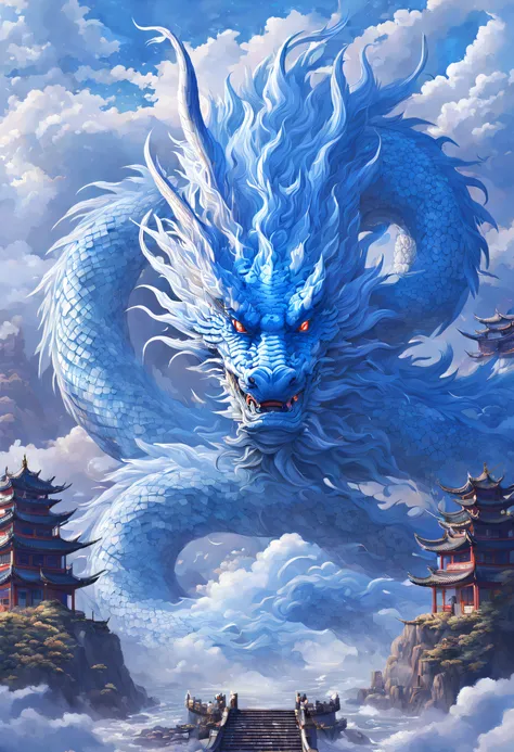 arian landscape,in fantasy world,chinese traditional architecture,blue dragon,​​clouds,mare,skysky,mont, lightning bolt，{a head}