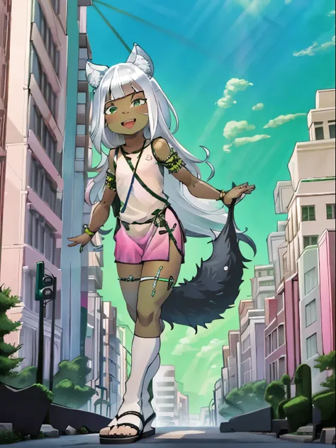 Ochette, girl, dark skin, white hair, green eyes, giantess, huge, small viewer, 70 ft tall, cute, full body, best quality, pink dress, metal bracelets, larger than buildings, flat ground, street, ground visible, black shorts, wearing shorts, adorable, kind...