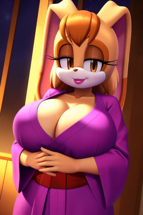 1girls accidental_exposure Vanilla the rabbit huge_breasts,bursting breasts, brown_hair busty dipstick_ear, female,cleavage, female_solo,kimono, indoors, smile,game cg,nighttime, lipstick, hand on chest,