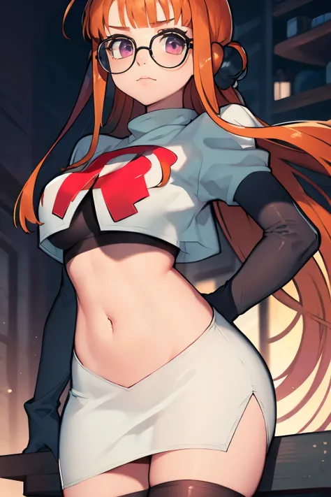 futaba sakura, orange hair, long hair, purple eyes, glasses, ahoge, team rocket, team rocket uniform, red letter R, white skirt, white crop top, black thigh-highs, black elbow gloves,