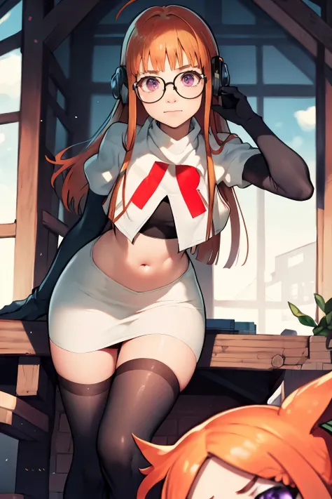 futaba sakura, orange hair, long hair, purple eyes, glasses, ahoge, team rocket, team rocket uniform, red letter R, white skirt, white crop top, black thigh-highs, black elbow gloves,