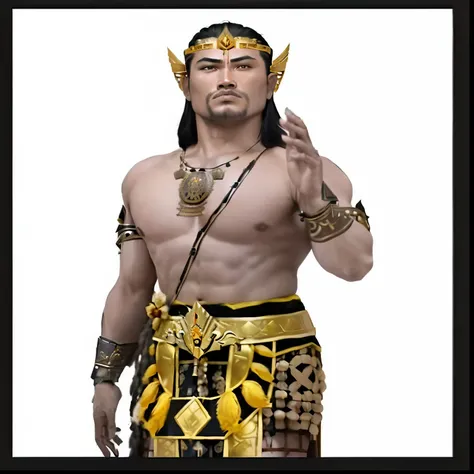 a close up of a man in a costume with a sword, attractive male deity, the god emperor of mankind, inspired by I Ketut Soki, picture of an  male warrior, ashoka tano, hybrid from dynasty warriror, aztec god, inspired by Li Kan, the egyptian god, aztec warri...