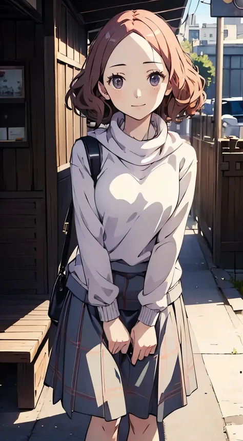 (((masterpiece))) 4k hd, detail background, haru okumura, innocent smile, oversize sweater, skirt, standing, outdoor, cute