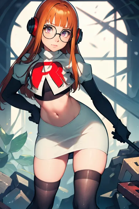 futaba sakura, orange hair, long hair, purple eyes, glasses, ahoge, team rocket, team rocket uniform, red letter R, white skirt, white crop top, black thigh-highs, black elbow gloves,