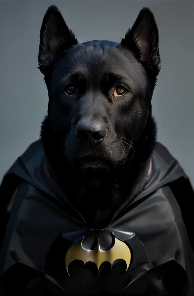 black labrador with floppy ears in a Batman costume, portrait