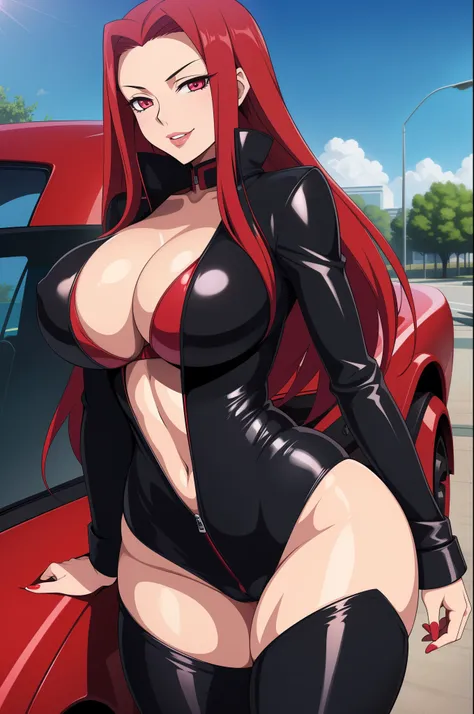 Code Geass, Kallen Stadfeldt 1girl, (((bimbo))), long red hair, puffy lips, painted lips, thick lips, wide hips, thick thighs, big breast, huge ass, revealing cleavage, erotic, Smile face, bubble butt, camel toe, Breasts, blue jeans, Black leather jacket, ...