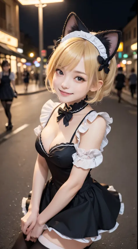 ((top-quality、masutepiece、hight resolution))、(Zoom photo from the front:1.75、Pose inviting a man、On the street at night、Medium hair、Blonde hair:1.5、Small cleavage、Cute smile:1.45、1 cat ear maid、Black tights)、kawaii faces、(((Black Maid Costume)))