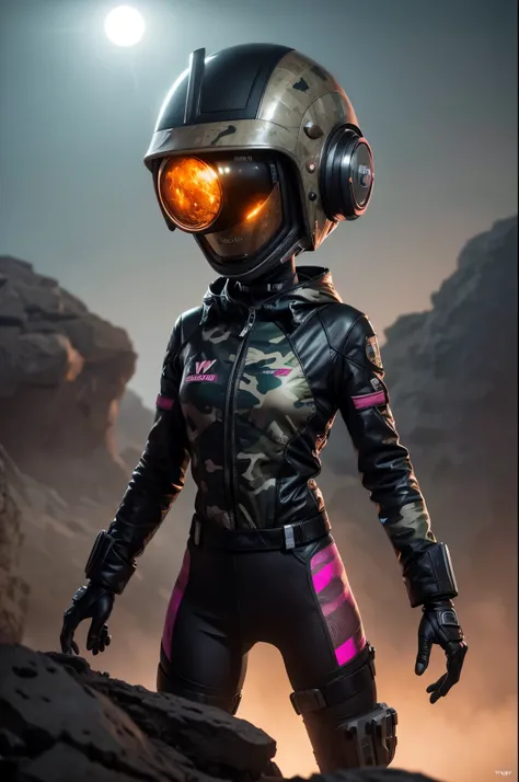 A Modern flat toon Crazy whit a Big ONE a Only Eye Robot and helmet Style, tongs in hands, Tv head, pinhead, camouflage PINK Rusty, Ambient in a meteorite crater super detailed, center, beautiful, soft lighting, focused on the character, 4K resolution, pho...