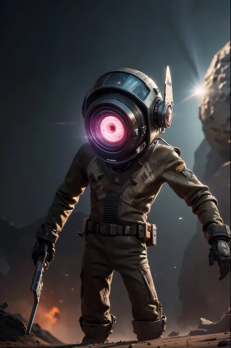 A Modern flat toon Crazy whit a Big ONE a Only Eye Robot and helmet Style, tongs in hands, Tv head, pinhead, camouflage PINK Rusty, Ambient in a meteorite crater super detailed, center, beautiful, soft lighting, focused on the character, 4K resolution, pho...