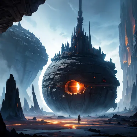 Fantasy art of a massive futuristic gothic style city built inside of an asteroid that is orbiting a gas giant planet.