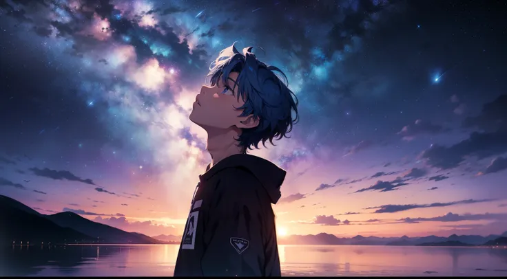 A lonely boy looks up at the night sky, where the large Milky Way galaxy shines in a purplish blue color on the horizon.. Center-parted hairstyle、Distant shots. Cinematic. Wide Angle. 4K.