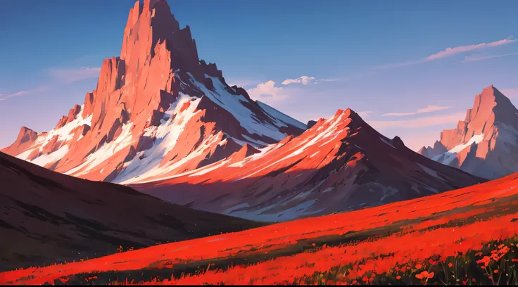 there is a field of red flowers with a lone green tree in the background with a mountain range background.