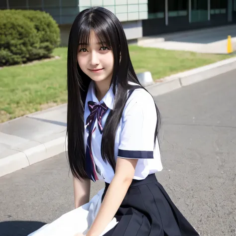 Japanese high school girl with long black hair, white shirt, current long skirt, hand on crotch