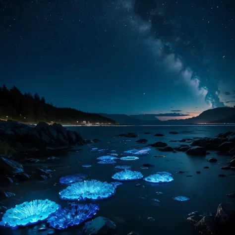 shining noctilucent insects, masterpiece, night sea