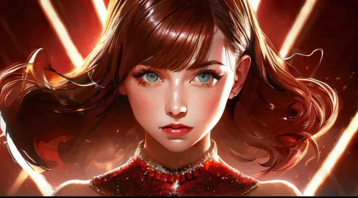 quality, tmasterpiece, hyper HD, (realisticlying: 1.4), RAW photogr, 1 girl, brunette color hair, Glossy glossy skin, dramatic lights, full bodyesbian,, Red dress, gargantuan