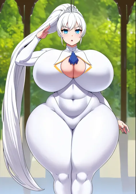 Standing at attention, saluting, weiss schnee, 
(white_dollsuit:1.5),(dazed in a trance), (brainwashed:1.4), 
White_hair,Very_long_hair,blue_EYES,Bangs, ponytail, facing the viewer, 
1 girl, 20yo,Young female,Beautiful Finger,Beautiful long legs,Beautiful ...