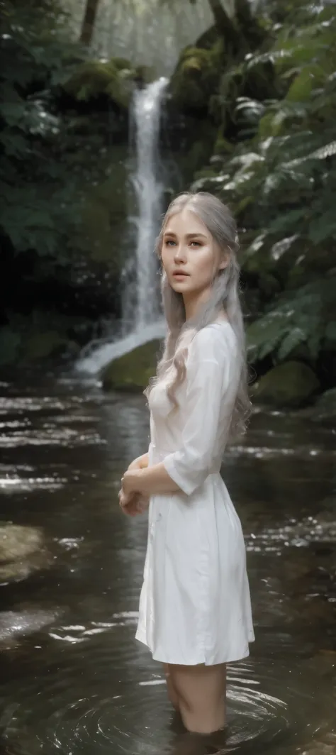 25 year age woman long  white shiny hair , grey eyes, round face shape,  medium size breasts, brode pelvic,hairy pussy    standing in gaint forest close water fall 
 morning time HDR 8K HIGH QUALITY, innocent face, foggy weather, SIDEVIEW, REALISTIC, REALI...