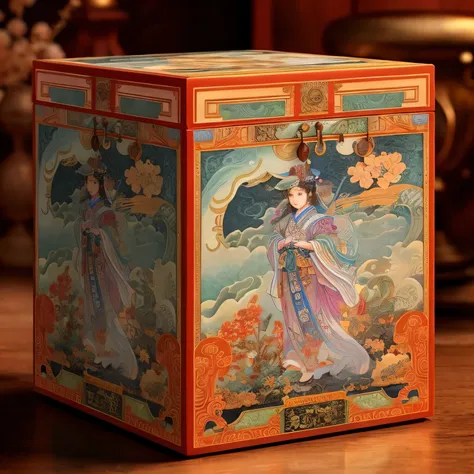 there is a box with a painting on it on a table, front of the treasure box, Detailed picture, Mucha Style 4K, japonisme 3d 8k super detailed, Popular Japanese 3D Super Detailed, Inspired by Tawaraya Sotatsu, Inspired by Chunguang Zhaibeizhou, box