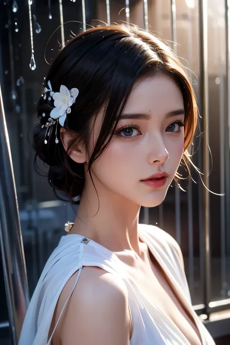 tmasterpiece，Best quality，A high resolution，8K，((Portrait))，(Head close-up)，Original photo，real photo，digital photography，( women in a modern style)，( maidens)，20岁女孩，short detailed hair，((Red eyeig breasts)， jewelry，Keep your mouth shut，Beautiful Elegant，(...