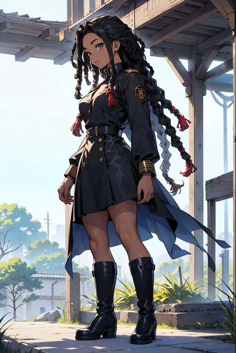 to stand,((The upper part of the body)),top-quality、​masterpiece、Hi-Res、(((女の子1人)))、masutepiece, quality of hike,White background、(beautiful black african american girl), ((long dreadlocks rasta hair))),animesque,2D,black leather dress,Military Uniform Sty...