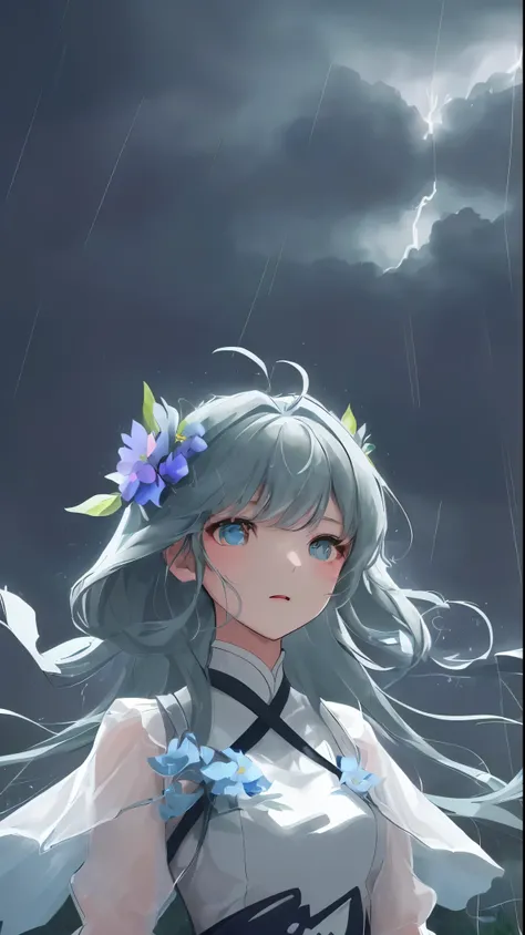 high détails、ultra -detail、Ultra high resolution cute and innocent girl、A fierce thunderstorm illuminates her、Wildflowers sway in a thunderstorm、Enjoying her time in an open field surrounded by natural beauty。Rain and thunder flutter around her、Adds to the...