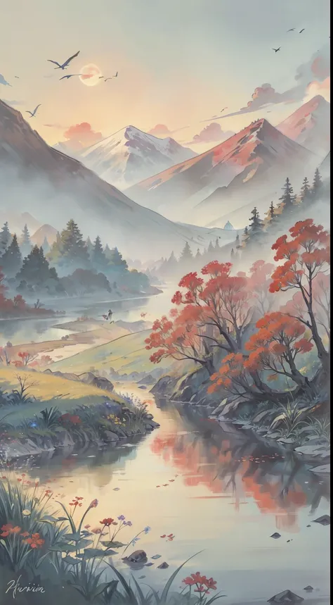 A painting of flowers and birds, the painting is a lot of flowers blooming on the ground, mountains and rivers, woods, hills, a red full moon in the sky, (do not appear figures)