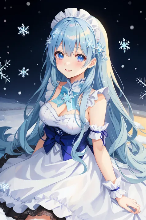 A woman wearing a maid costume in a snowy landscape, ((Snowflake)).Light blue long hair、Twin-tailed、adorable smiling、Cute anime waifu in a nice dress, rem rezero, anime moe art style, Anime visuals of cute girls, Seductive Anime Girl, anime style 4 k,