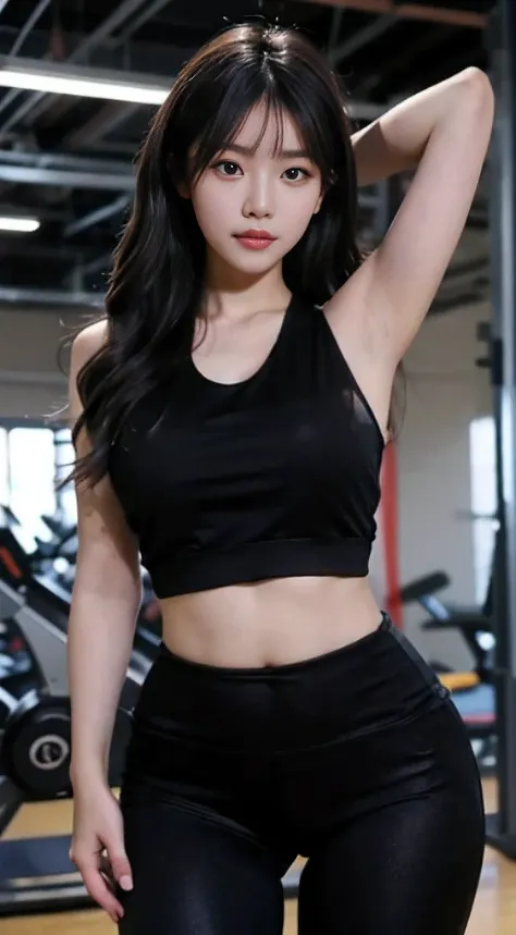 A Chinese woman in gym equipment, fluffy hair, delicate face, bright, real girl, large aperture, wearing tight yoga pants, tight trousers, wearing a nine-point yoga vest, round neck vest, macro shooting, slightly fat, plump, sexy, looking at you, good-look...