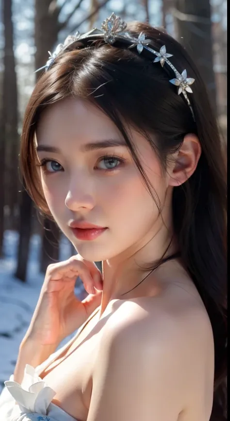 epic of Snow White and the Seven Dwarfs, a beauty girl 18yo white skin wear traditional europe clothes, daylight in deep forest with big house, intricate design, sharpness detailed, realistic photograph