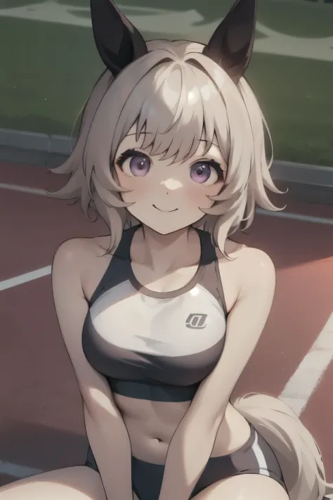 curren chan(umamusume), (ultra-detailed face), symmetrical face, beautiful face, masterpiece, best quality, slender, sports bra, rikujou, athletics track, horse tail, smile, medium tits, hands between legs