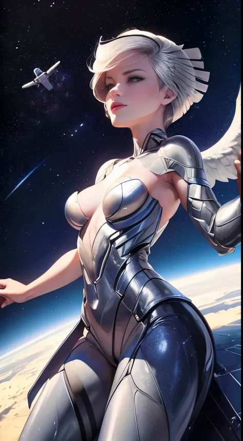 realistic image, best possible quality, adult woman, with her entire body in shiny metallic silver, her face is uncovered but her head and short hair are metallic and point towards the back, She is Caucasian and wears red lipstick, her forearm is uncovered...