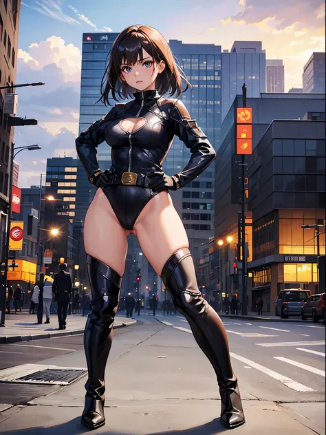 1girl, medium breasts, leotard, bare legs, tight belt, boots, gloves, city backdrop, solo, single, hands on hip, standing, full body shot, cowboy shot, superhero, beautiful detailed eyes, power, mature lady