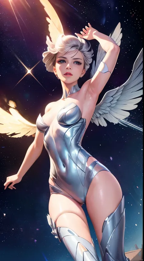 realistic image, best possible quality, adult woman, with her entire body in shiny metallic silver, her face is uncovered but her head and short hair are metallic and point towards the back, She is Caucasian and wears red lipstick, her forearm is uncovered...