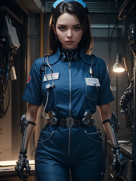 Cinematic Waist Up Portrait of gorgeous female cyborg nurse in a small city clinic, detailed face, detailed cybernetic enhanced blue retinas, insanely detailed and intricate scene and cybernetic limbs, donning field  medic jumpsuit, ultra high resolution, ...